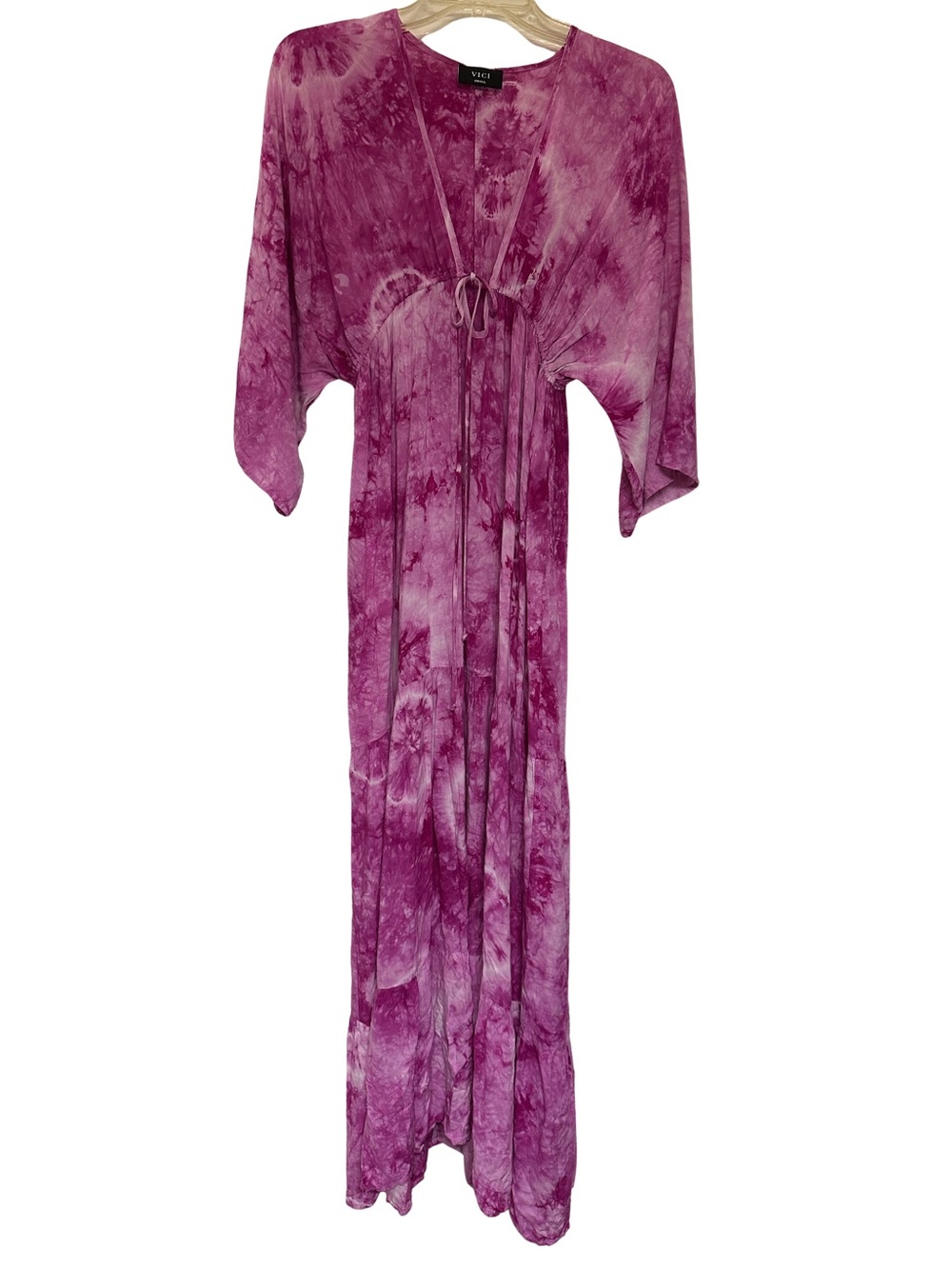 VICI Magenta Tie Dye Maxi Dress Small Kimono Sleeve Smocked Waist Boho Festival